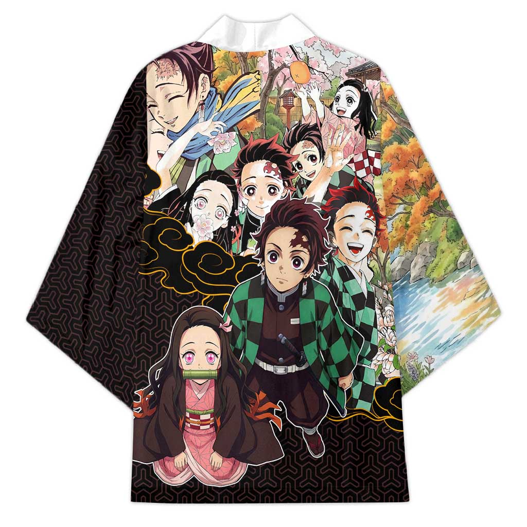 Kamado Siblings Demon Slayer Collage Design Kimono with Tanjiro and Nezuko in Scenic Background - The Mazicc