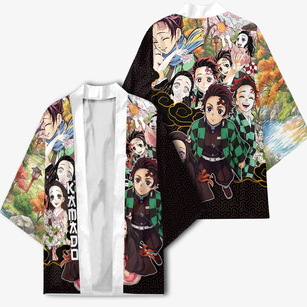 Kamado Siblings Demon Slayer Collage Design Kimono with Tanjiro and Nezuko in Scenic Background - The Mazicc