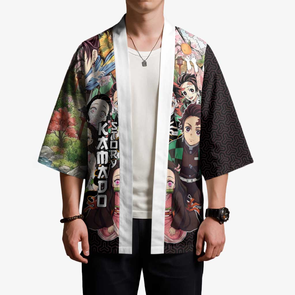 Kamado Siblings Demon Slayer Collage Design Kimono with Tanjiro and Nezuko in Scenic Background - The Mazicc