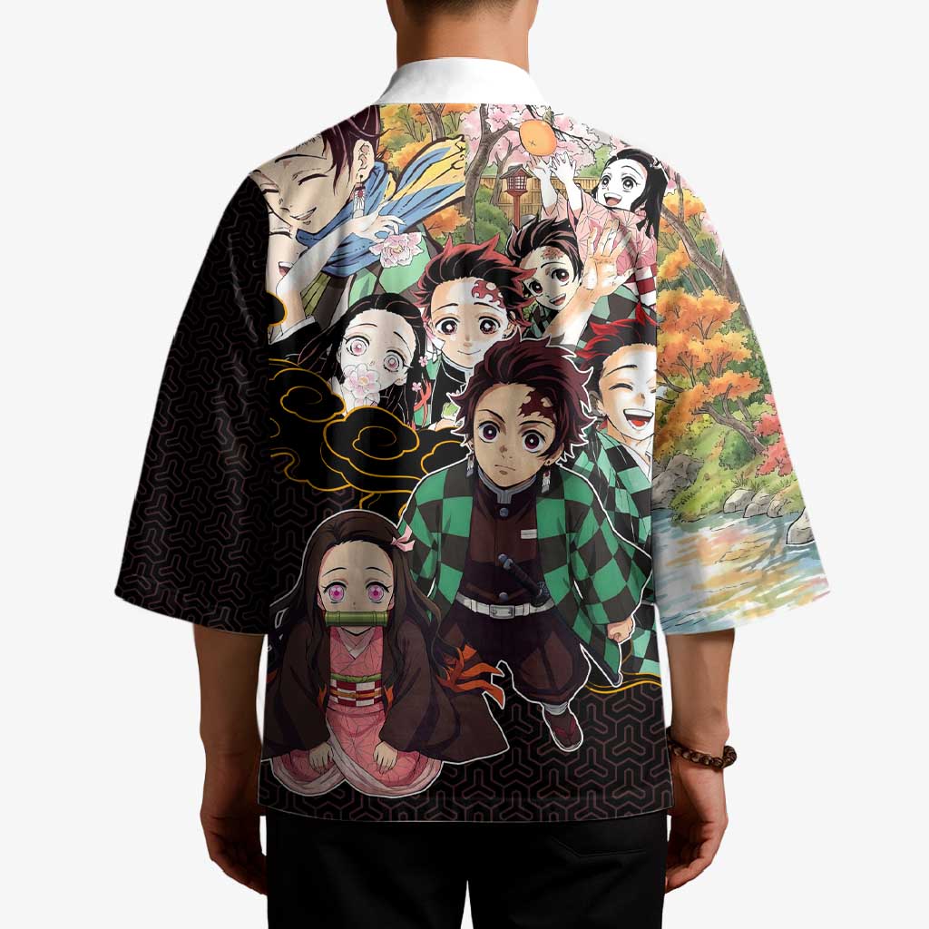 Kamado Siblings Demon Slayer Collage Design Kimono with Tanjiro and Nezuko in Scenic Background - The Mazicc