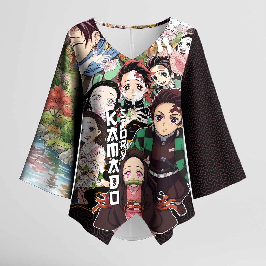 Kamado Siblings Demon Slayer Collage Design Kimono Sleeve Blouse with Tanjiro and Nezuko in Scenic Background - The Mazicc