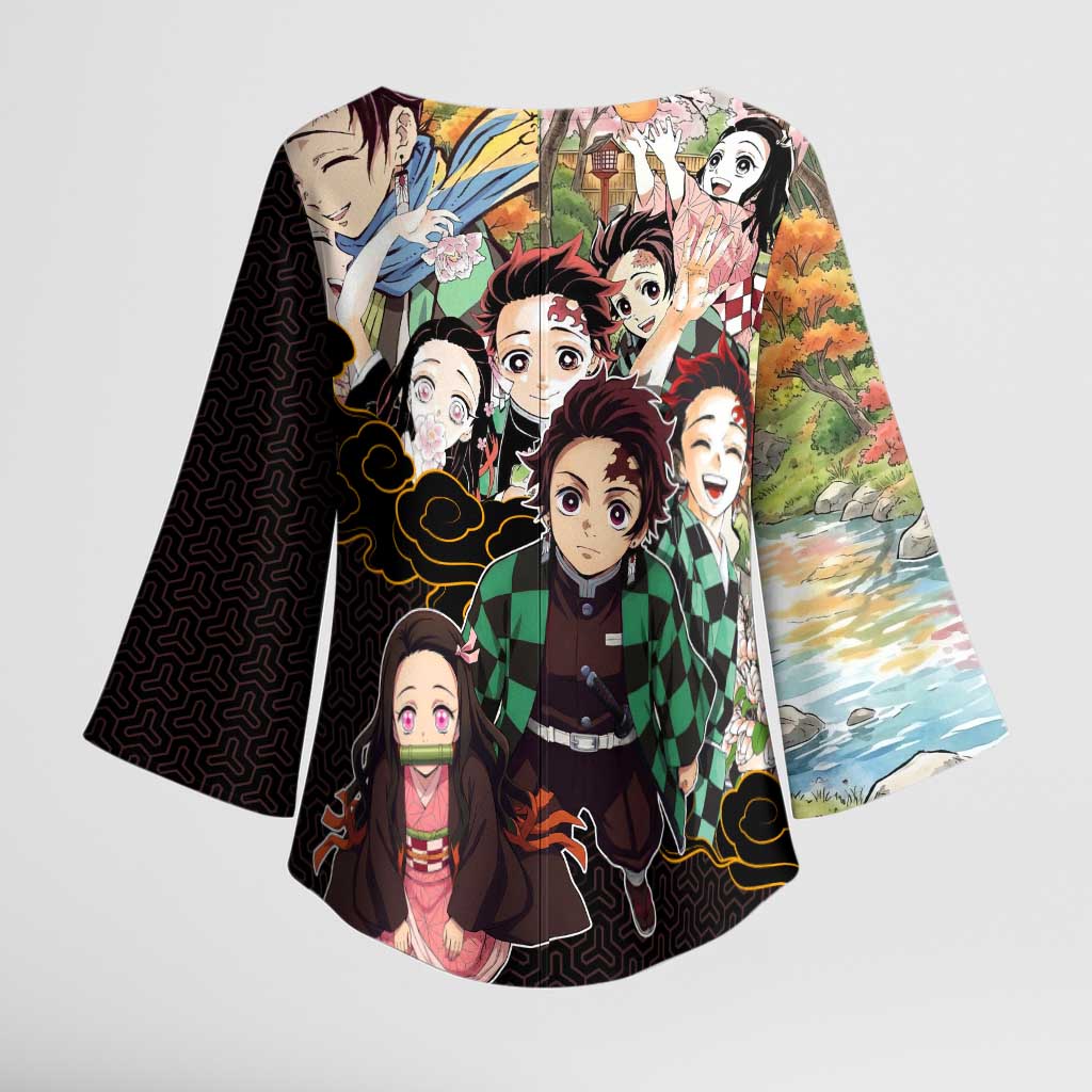 Kamado Siblings Demon Slayer Collage Design Kimono Sleeve Blouse with Tanjiro and Nezuko in Scenic Background - The Mazicc