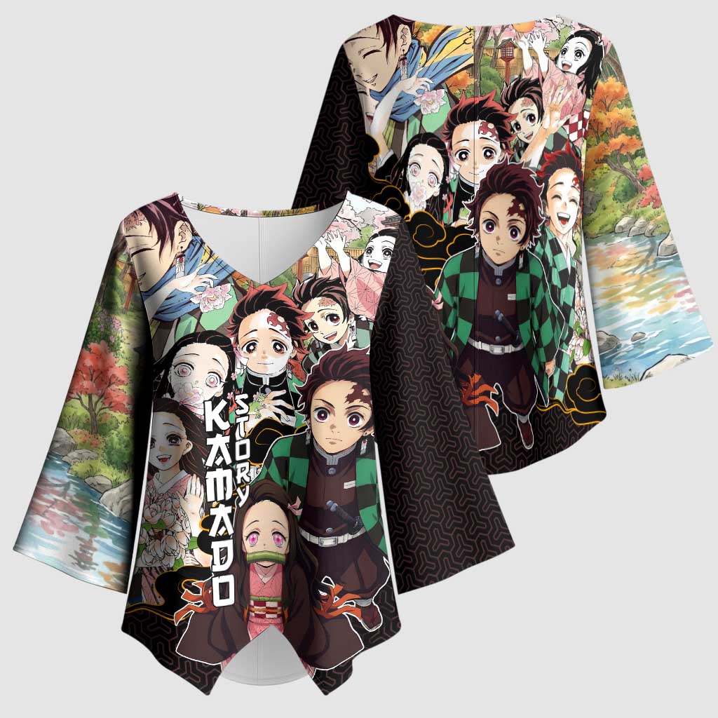 Kamado Siblings Demon Slayer Collage Design Kimono Sleeve Blouse with Tanjiro and Nezuko in Scenic Background - The Mazicc