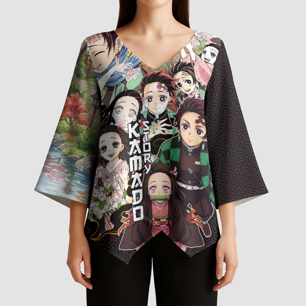Kamado Siblings Demon Slayer Collage Design Kimono Sleeve Blouse with Tanjiro and Nezuko in Scenic Background - The Mazicc