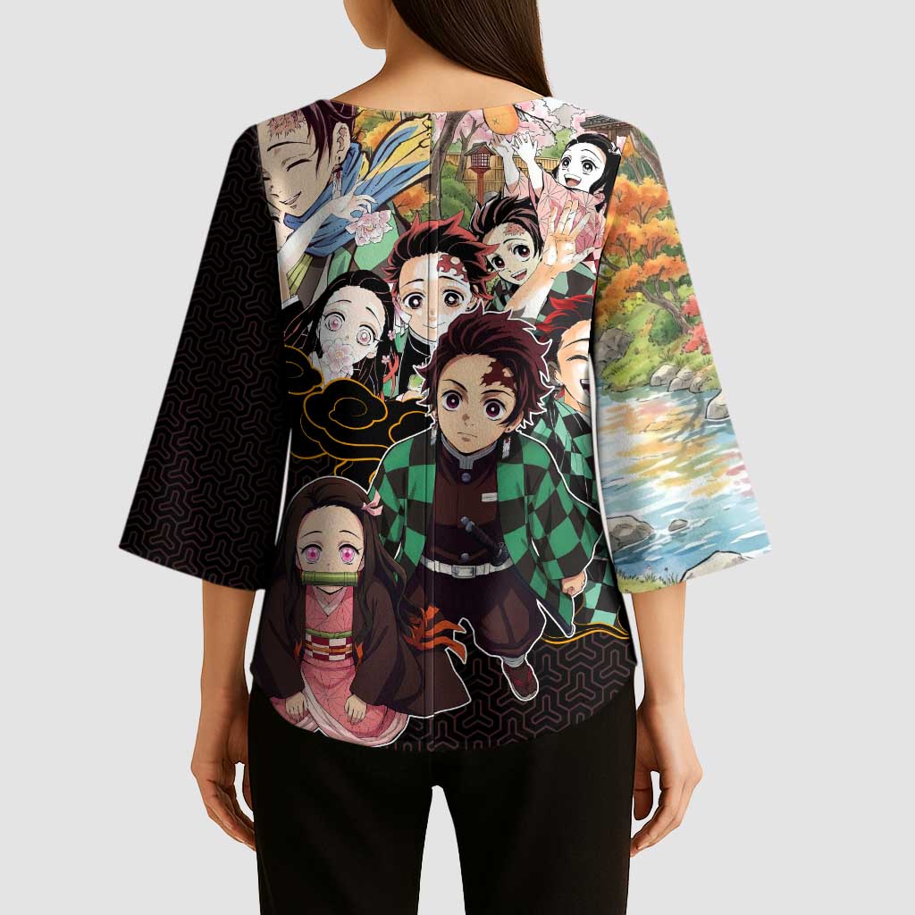 Kamado Siblings Demon Slayer Collage Design Kimono Sleeve Blouse with Tanjiro and Nezuko in Scenic Background - The Mazicc