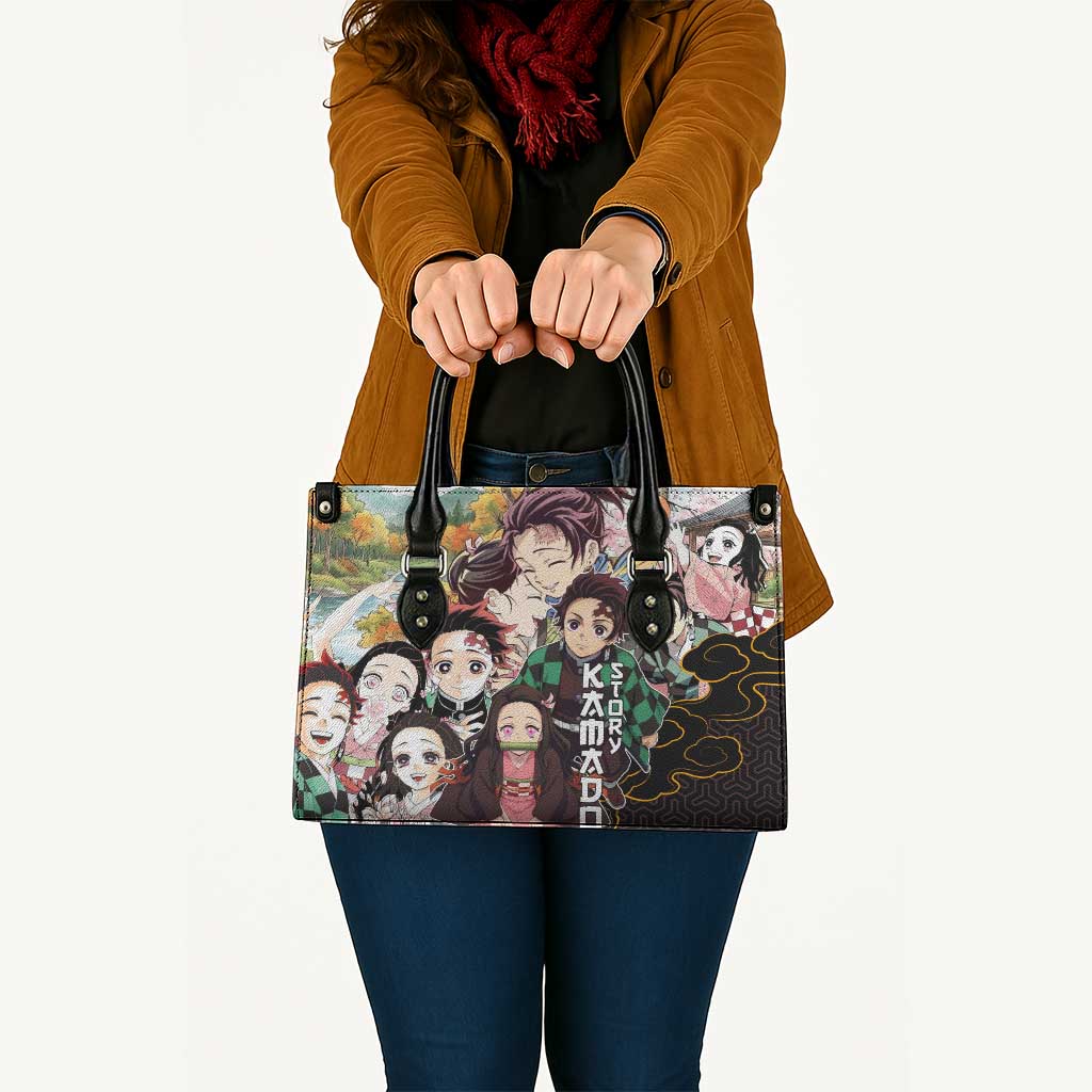 Kamado Siblings Demon Slayer Collage Design Leather Bag with Tanjiro and Nezuko in Scenic Background - The Mazicc