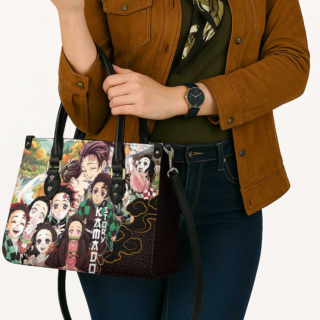 Kamado Siblings Demon Slayer Collage Design Leather Bag with Tanjiro and Nezuko in Scenic Background - The Mazicc