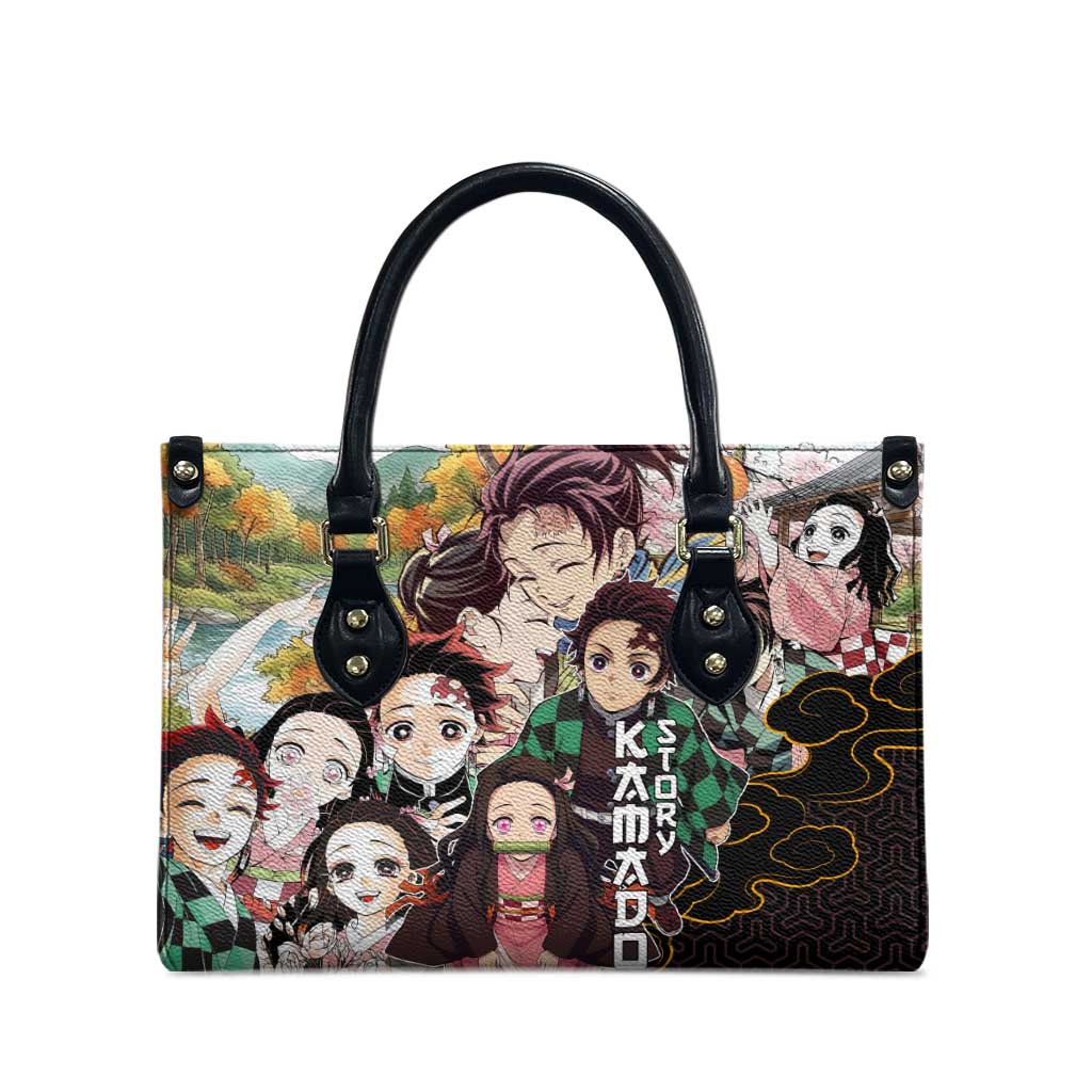 Kamado Siblings Demon Slayer Collage Design Leather Bag with Tanjiro and Nezuko in Scenic Background - The Mazicc
