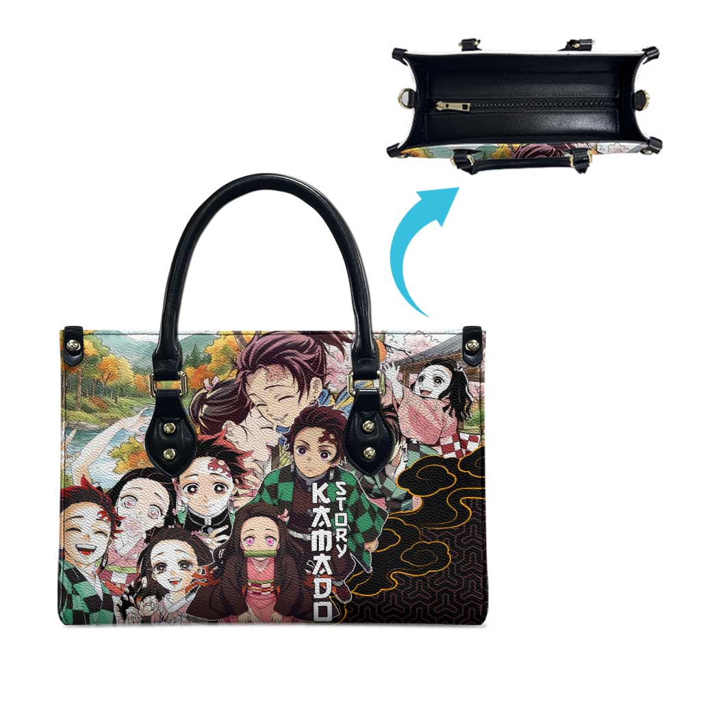 Kamado Siblings Demon Slayer Collage Design Leather Bag with Tanjiro and Nezuko in Scenic Background - The Mazicc