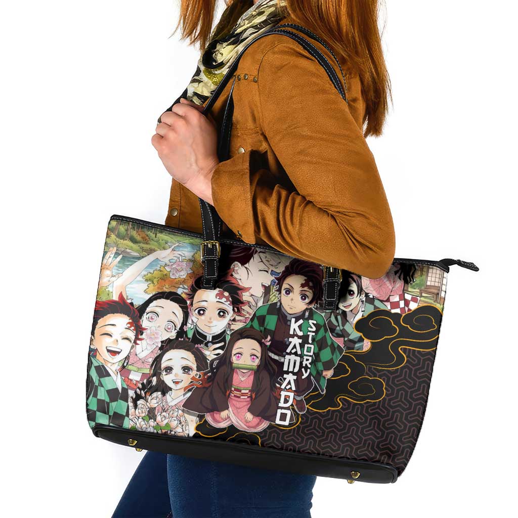 Kamado Siblings Demon Slayer Collage Design Leather Tote Bag with Tanjiro and Nezuko in Scenic Background - The Mazicc