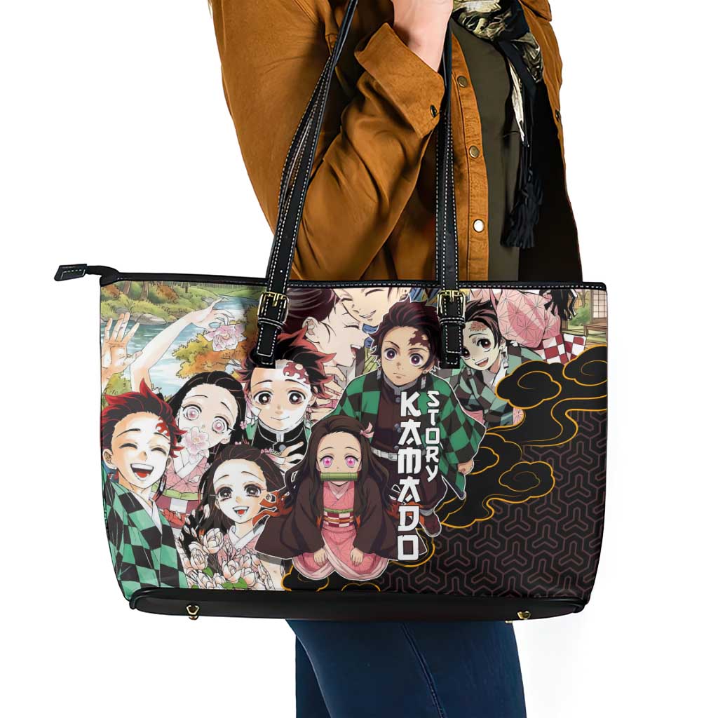 Kamado Siblings Demon Slayer Collage Design Leather Tote Bag with Tanjiro and Nezuko in Scenic Background - The Mazicc