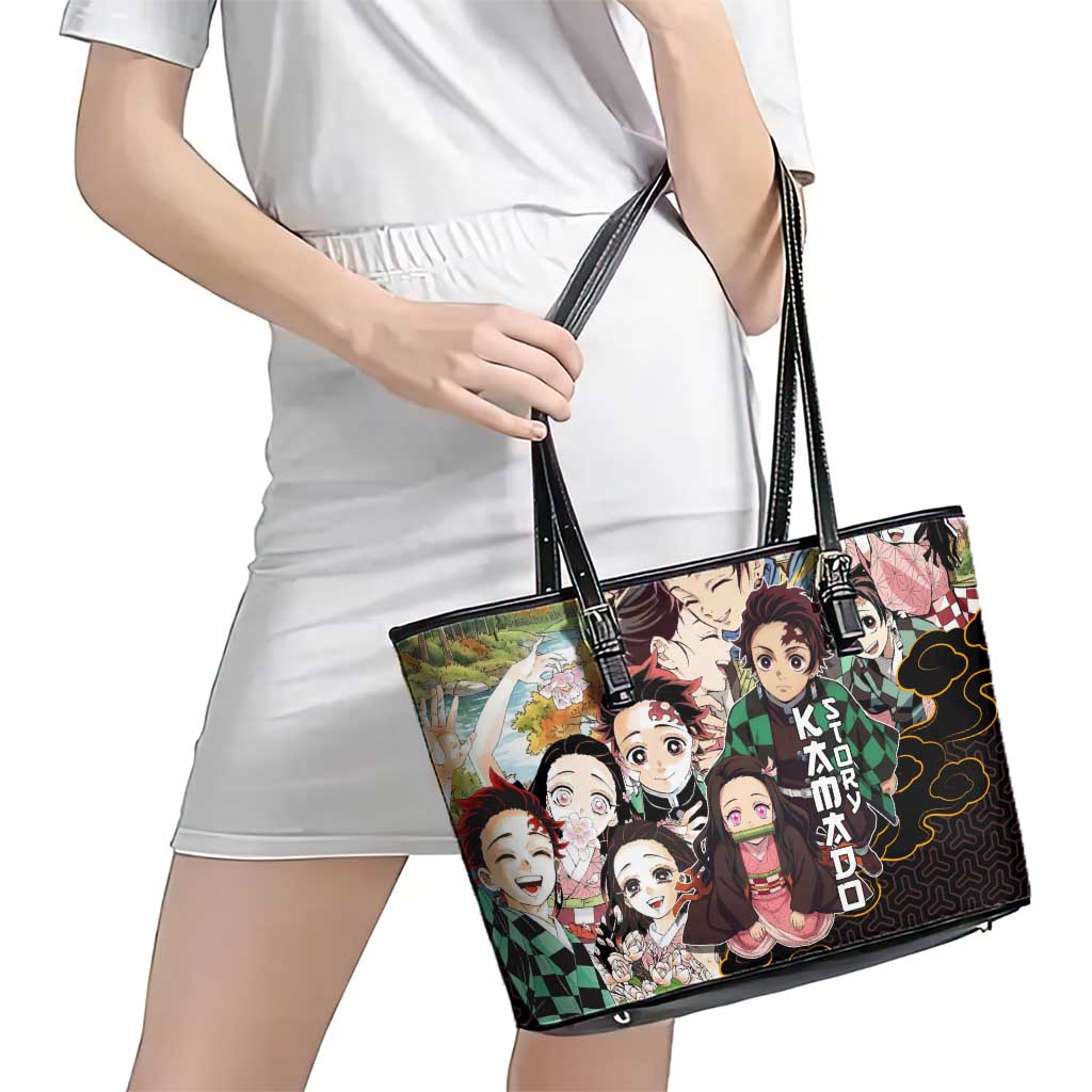 Kamado Siblings Demon Slayer Collage Design Leather Tote Bag with Tanjiro and Nezuko in Scenic Background - The Mazicc