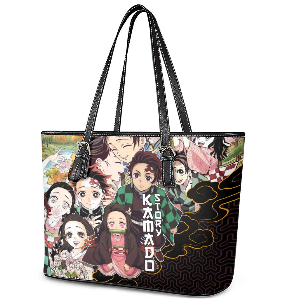 Kamado Siblings Demon Slayer Collage Design Leather Tote Bag with Tanjiro and Nezuko in Scenic Background - The Mazicc
