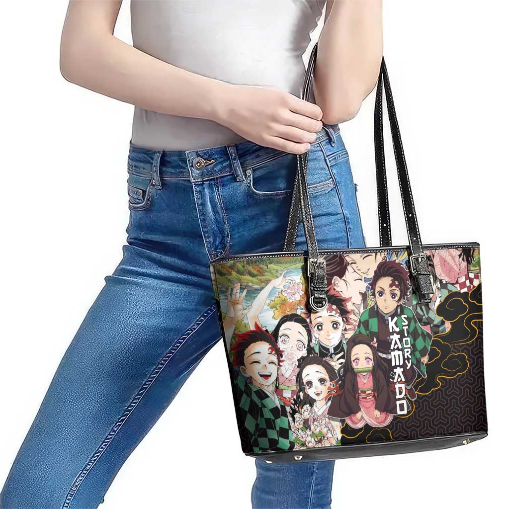 Kamado Siblings Demon Slayer Collage Design Leather Tote Bag with Tanjiro and Nezuko in Scenic Background - The Mazicc