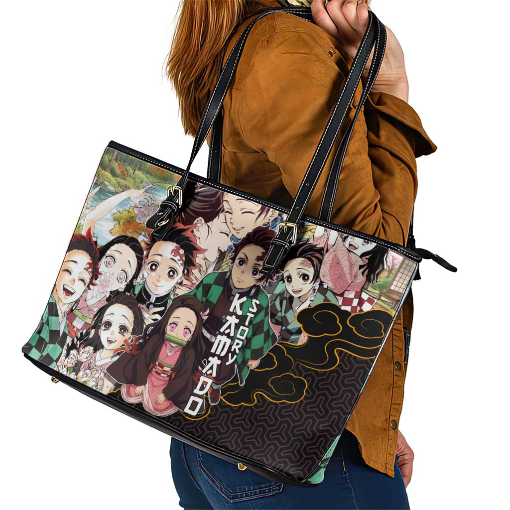 Kamado Siblings Demon Slayer Collage Design Leather Tote Bag with Tanjiro and Nezuko in Scenic Background - The Mazicc