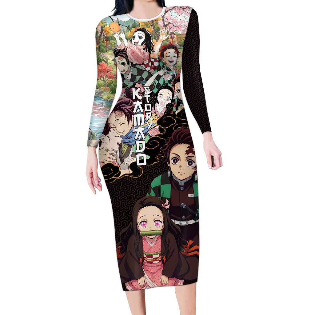 Kamado Siblings Demon Slayer Collage Design Long Sleeve Bodycon Dress with Tanjiro and Nezuko in Scenic Background - The Mazicc