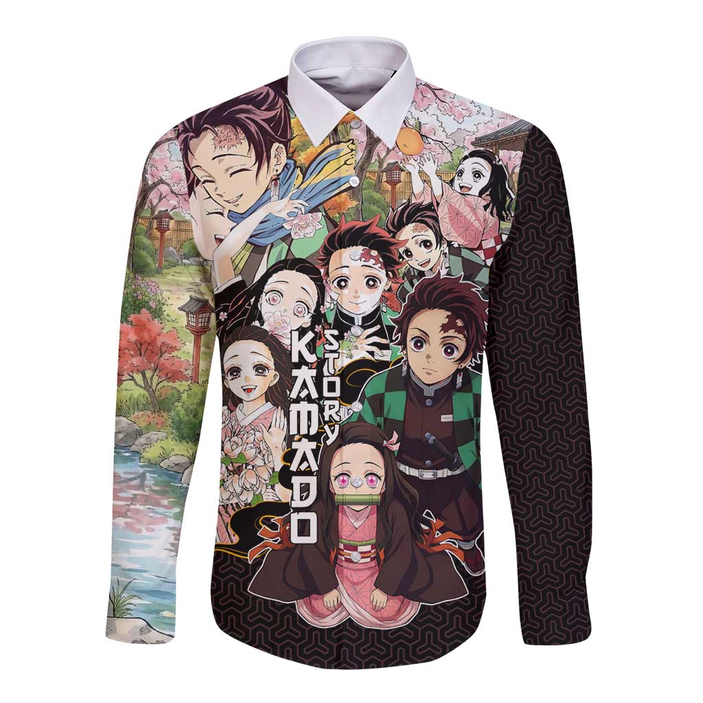 Kamado Siblings Demon Slayer Collage Design Long Sleeve Button Shirt with Tanjiro and Nezuko in Scenic Background - The Mazicc