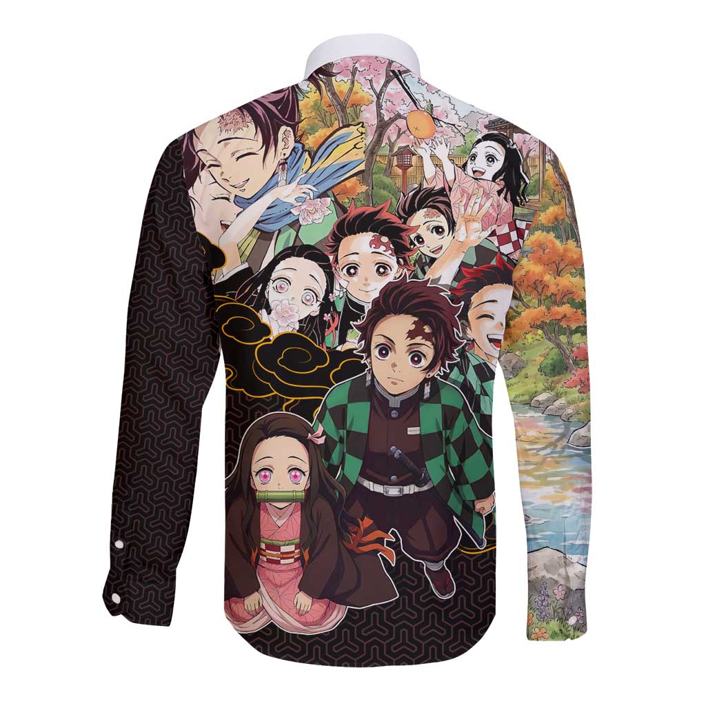 Kamado Siblings Demon Slayer Collage Design Long Sleeve Button Shirt with Tanjiro and Nezuko in Scenic Background - The Mazicc