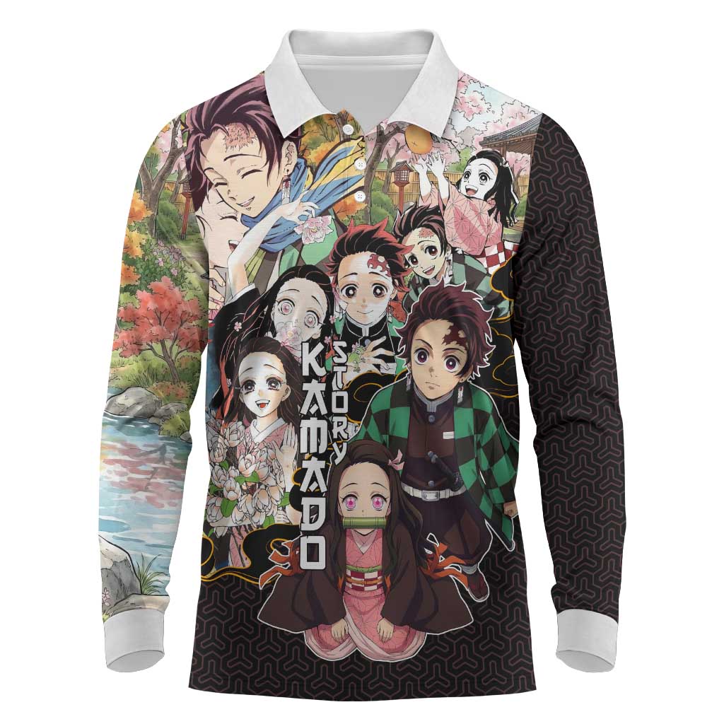 Kamado Siblings Demon Slayer Collage Design Long Sleeve Polo Shirt with Tanjiro and Nezuko in Scenic Background - The Mazicc