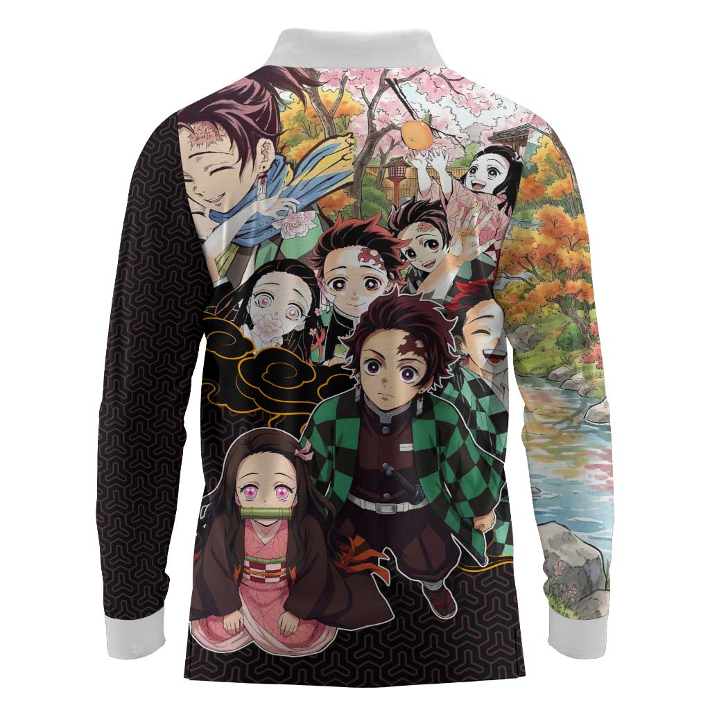 Kamado Siblings Demon Slayer Collage Design Long Sleeve Polo Shirt with Tanjiro and Nezuko in Scenic Background - The Mazicc