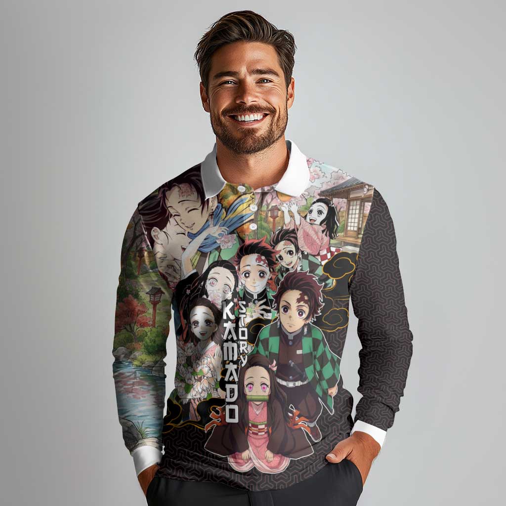 Kamado Siblings Demon Slayer Collage Design Long Sleeve Polo Shirt with Tanjiro and Nezuko in Scenic Background - The Mazicc