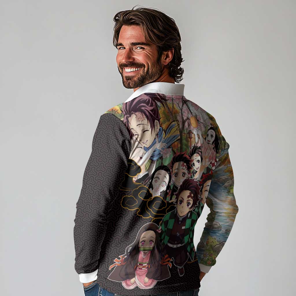 Kamado Siblings Demon Slayer Collage Design Long Sleeve Polo Shirt with Tanjiro and Nezuko in Scenic Background - The Mazicc