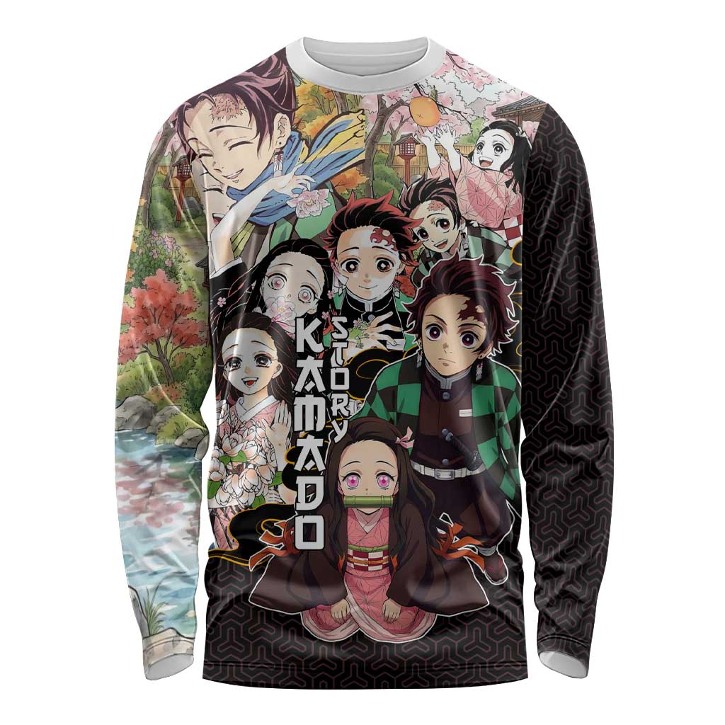 Kamado Siblings Demon Slayer Collage Design Long Sleeve Shirt with Tanjiro and Nezuko in Scenic Background - The Mazicc