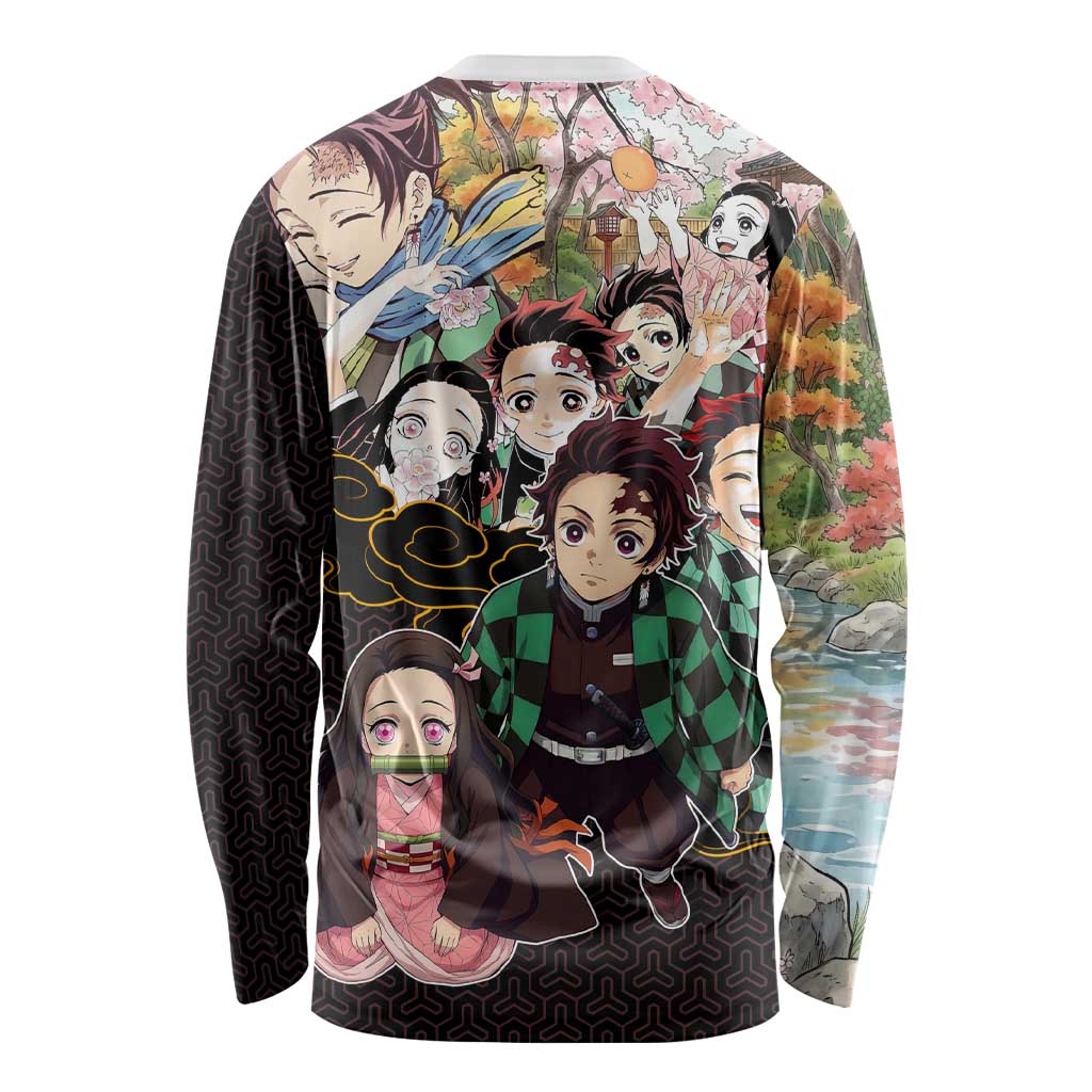 Kamado Siblings Demon Slayer Collage Design Long Sleeve Shirt with Tanjiro and Nezuko in Scenic Background - The Mazicc