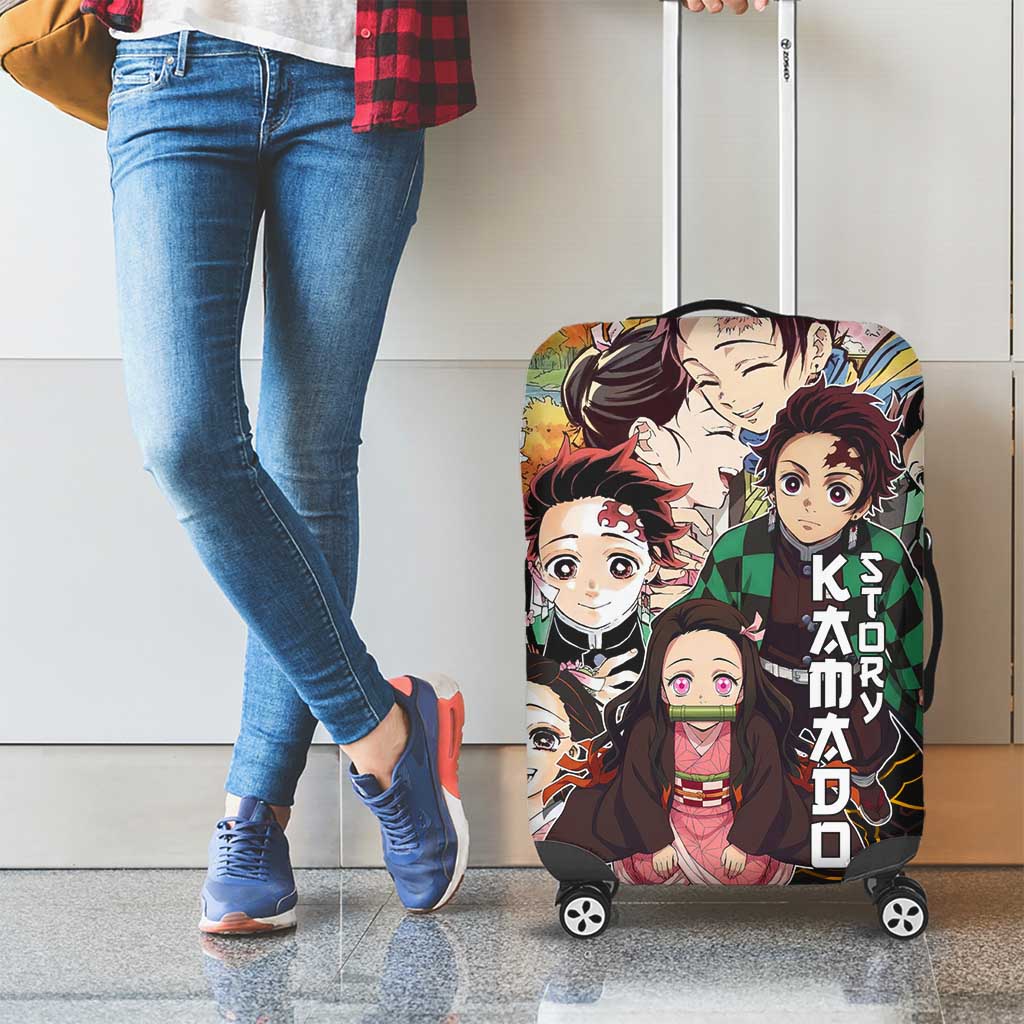 Kamado Siblings Demon Slayer Collage Design Luggage Cover with Tanjiro and Nezuko in Scenic Background - The Mazicc