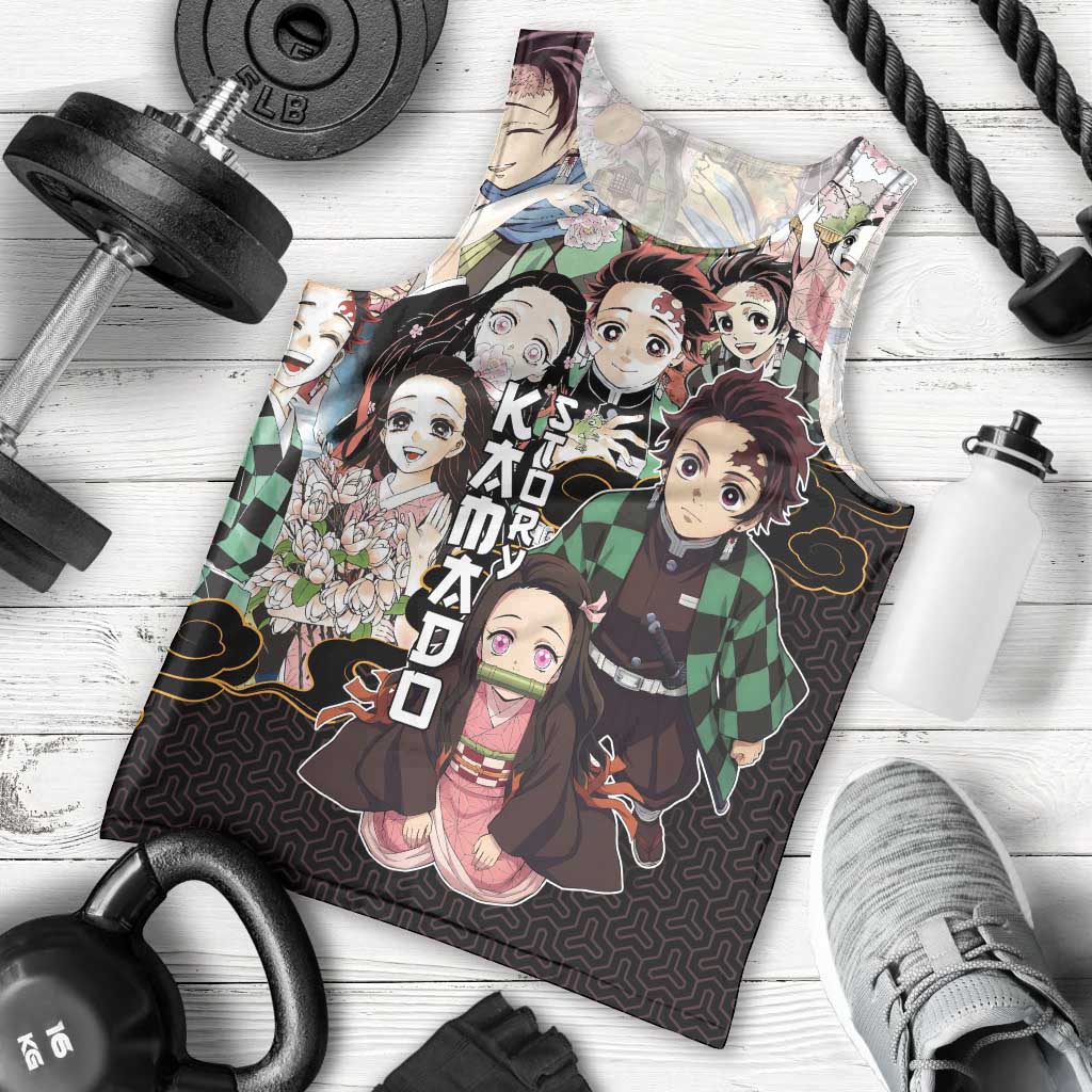 Kamado Siblings Demon Slayer Collage Design Men Tank Top with Tanjiro and Nezuko in Scenic Background - The Mazicc
