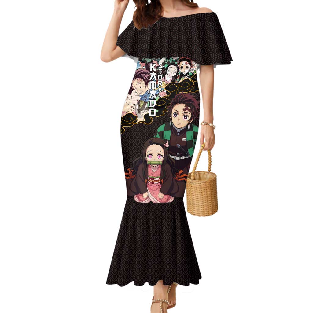 Kamado Siblings Demon Slayer Collage Design Mermaid Dress with Tanjiro and Nezuko in Scenic Background - The Mazicc