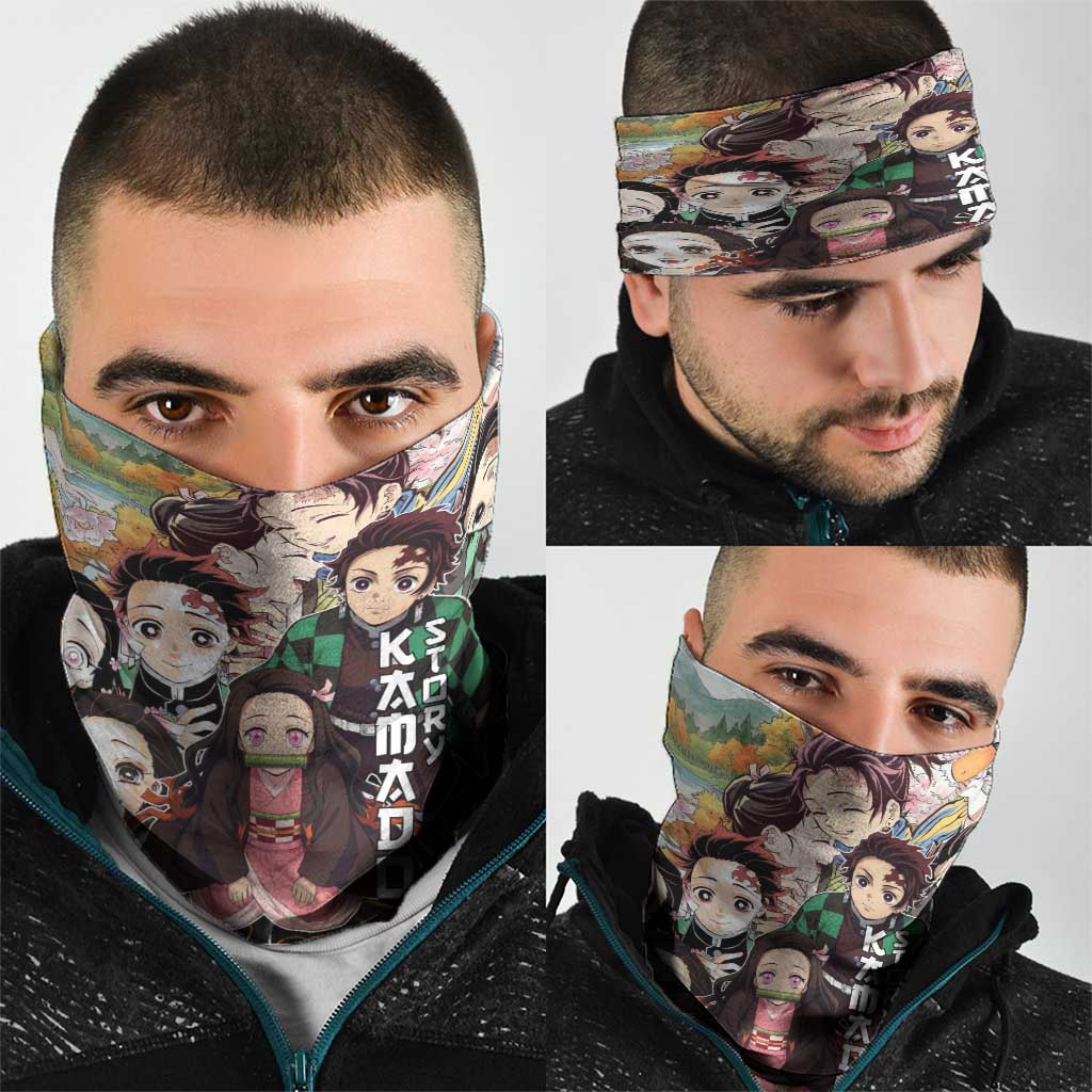 Kamado Siblings Demon Slayer Collage Design Neck Gaiter with Tanjiro and Nezuko in Scenic Background - The Mazicc