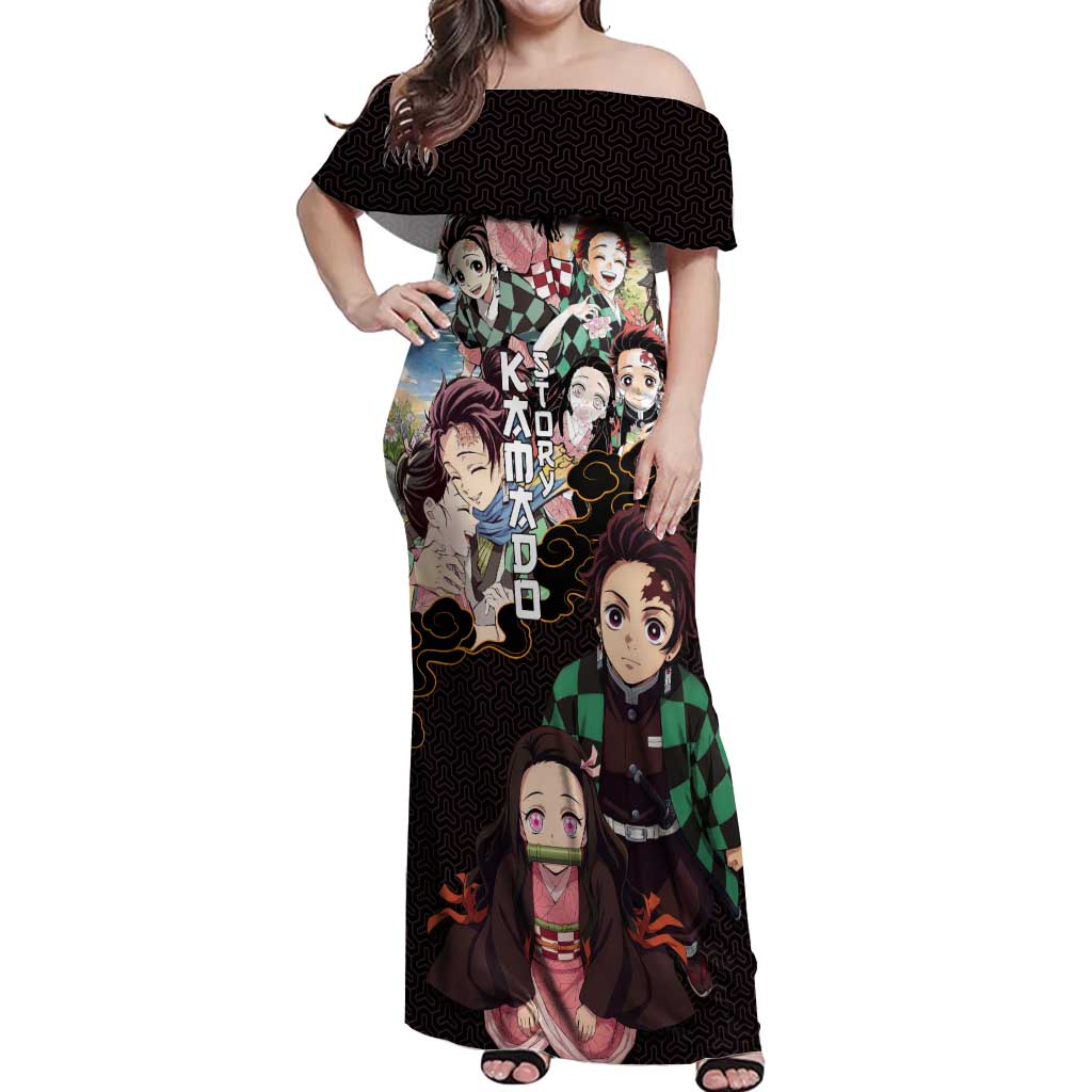 Kamado Siblings Demon Slayer Collage Design Off Shoulder Maxi Dress with Tanjiro and Nezuko in Scenic Background - The Mazicc