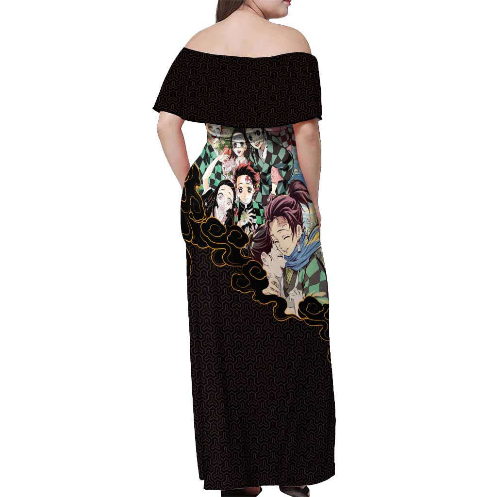 Kamado Siblings Demon Slayer Collage Design Off Shoulder Maxi Dress with Tanjiro and Nezuko in Scenic Background - The Mazicc