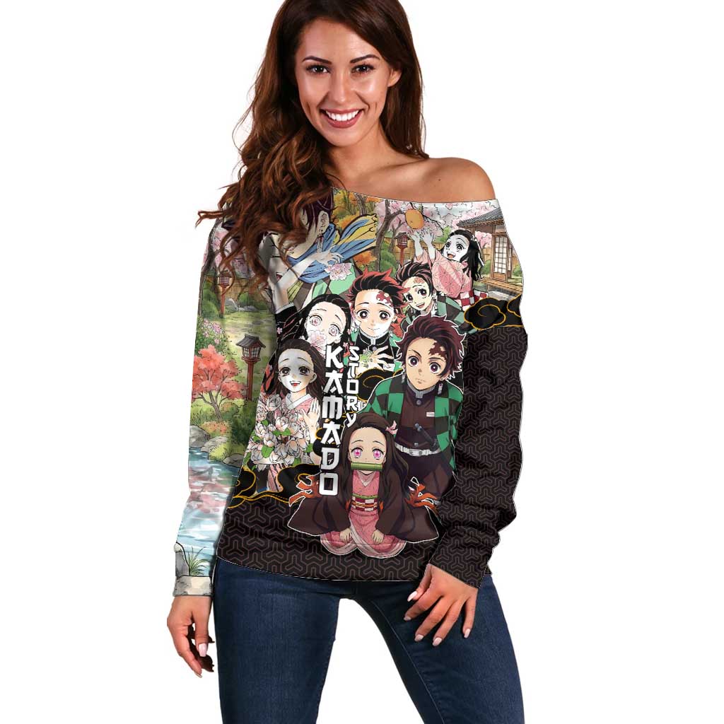 Kamado Siblings Demon Slayer Collage Design Off Shoulder Sweater with Tanjiro and Nezuko in Scenic Background - The Mazicc