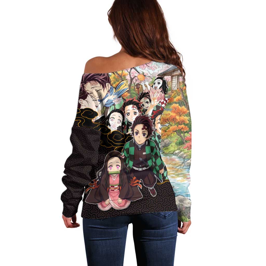 Kamado Siblings Demon Slayer Collage Design Off Shoulder Sweater with Tanjiro and Nezuko in Scenic Background - The Mazicc