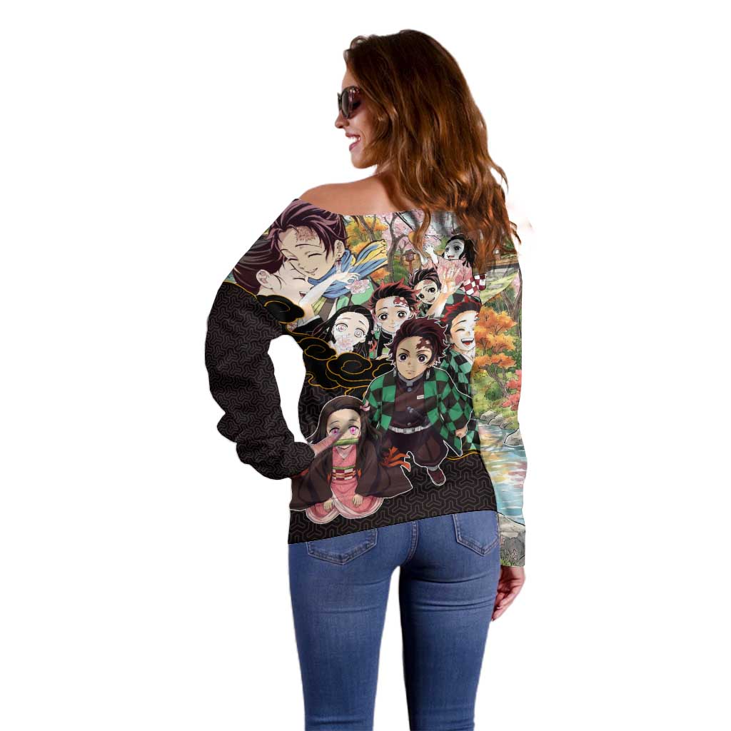 Kamado Siblings Demon Slayer Collage Design Off Shoulder Sweater with Tanjiro and Nezuko in Scenic Background - The Mazicc