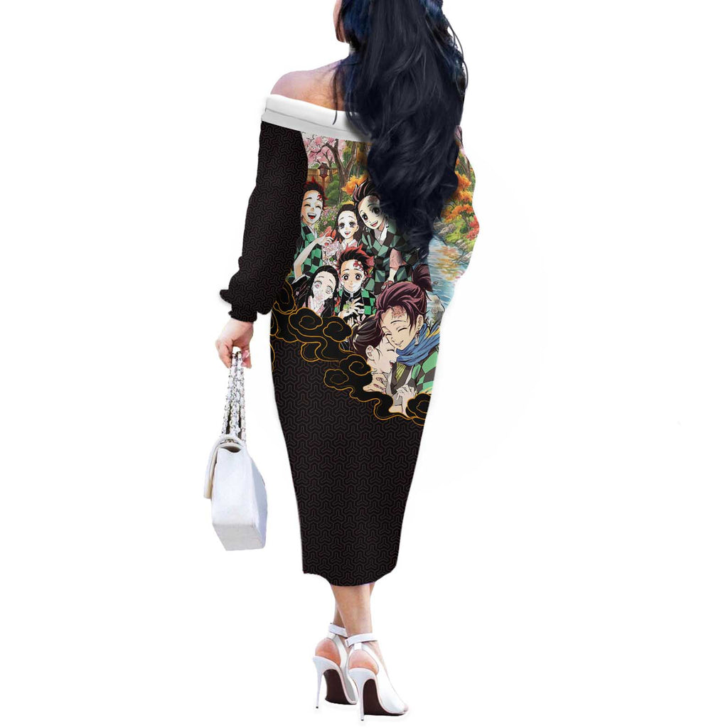 Kamado Siblings Demon Slayer Collage Design Off The Shoulder Long Sleeve Dress with Tanjiro and Nezuko in Scenic Background - The Mazicc