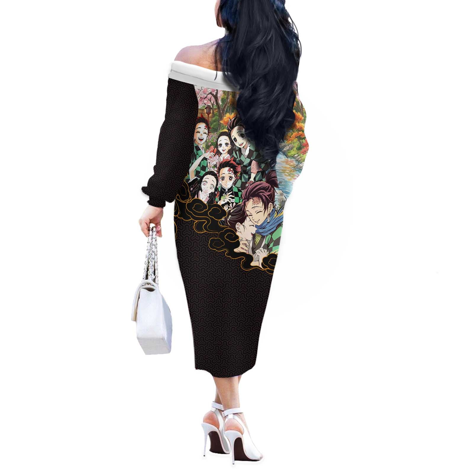 Kamado Siblings Demon Slayer Collage Design Off The Shoulder Long Sleeve Dress with Tanjiro and Nezuko in Scenic Background - The Mazicc