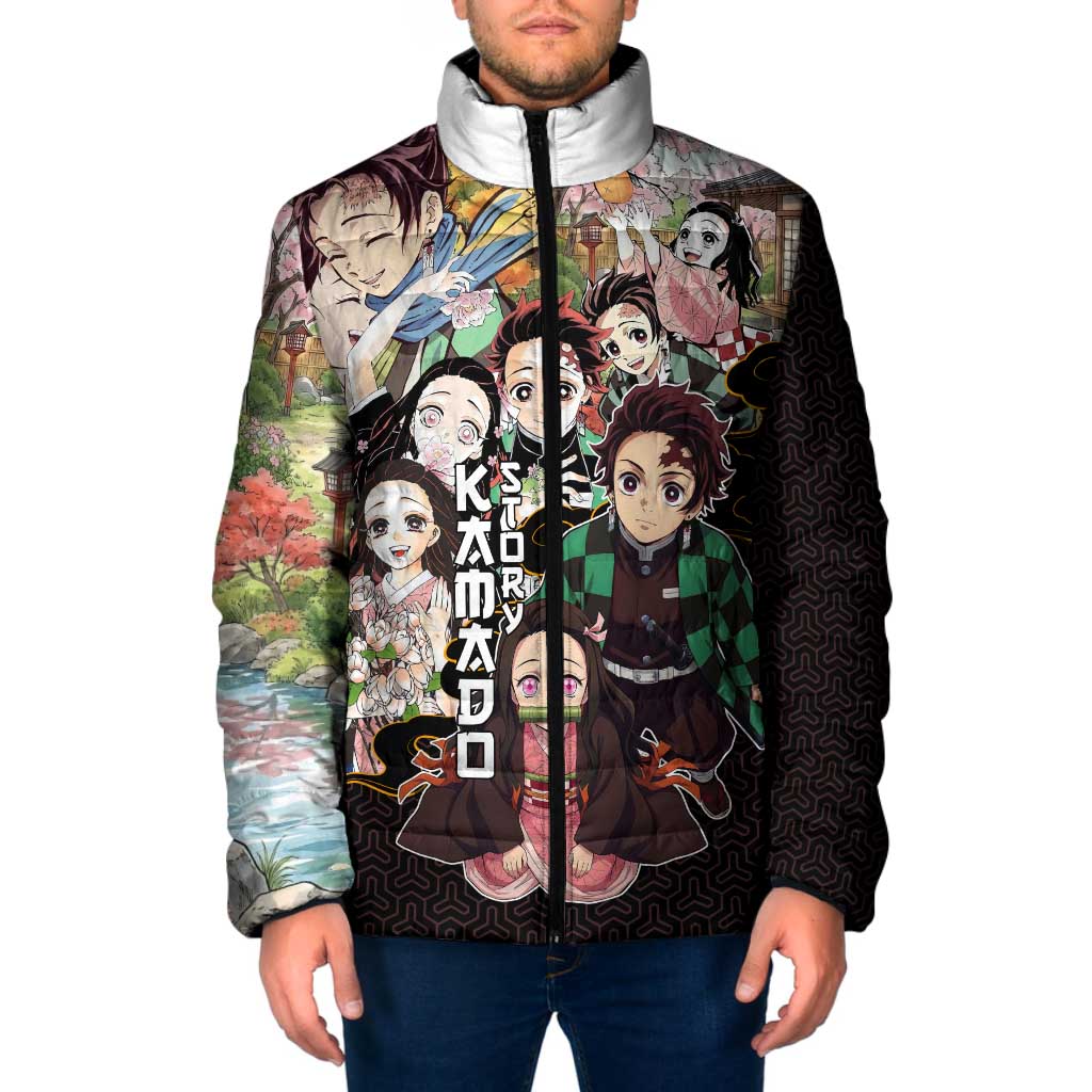 Kamado Siblings Demon Slayer Collage Design Padded Jacket with Tanjiro and Nezuko in Scenic Background - The Mazicc