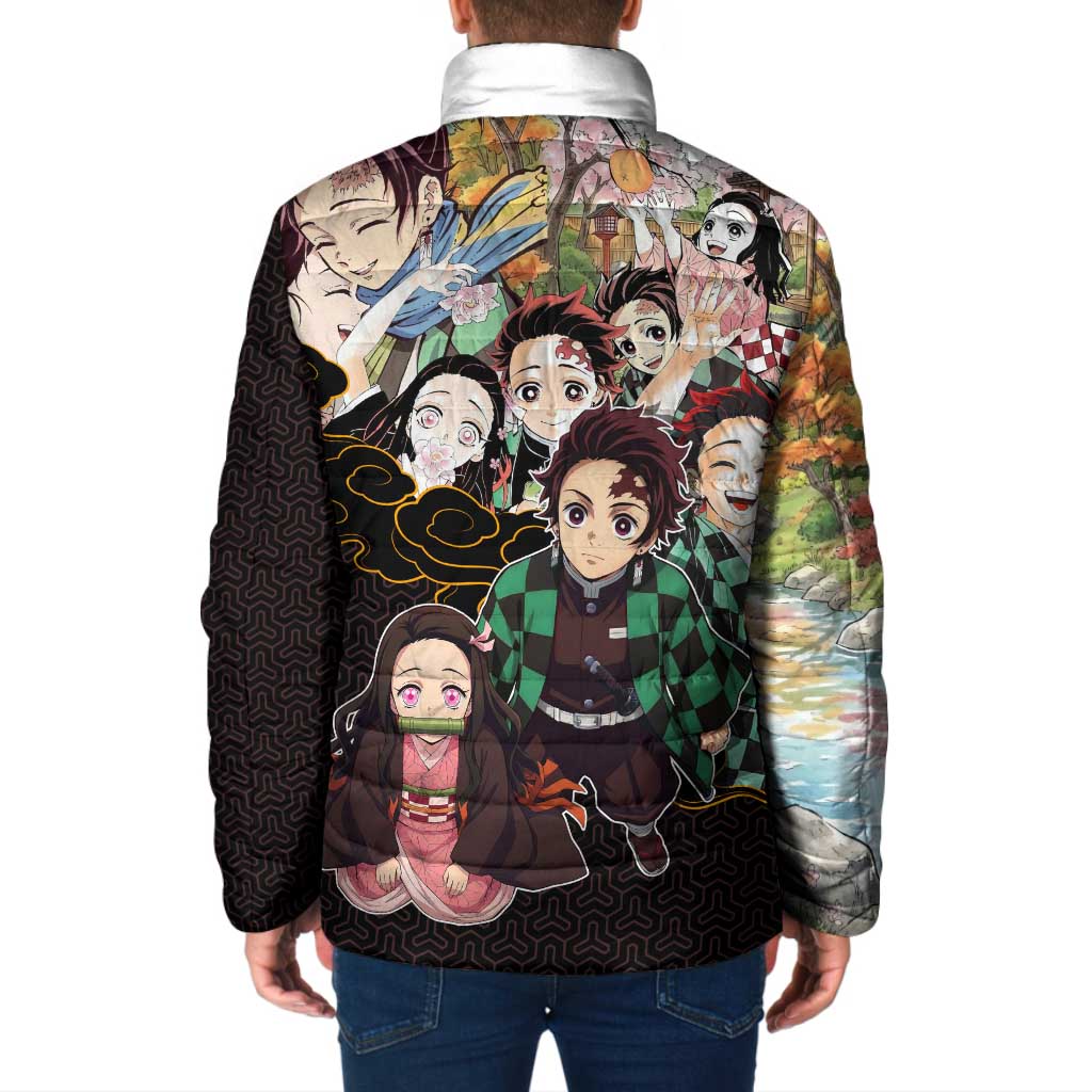 Kamado Siblings Demon Slayer Collage Design Padded Jacket with Tanjiro and Nezuko in Scenic Background - The Mazicc
