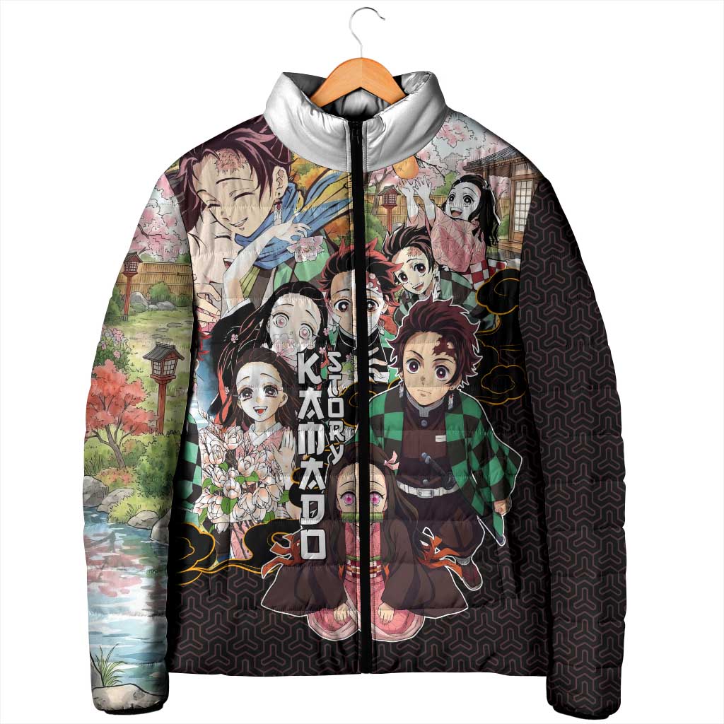 Kamado Siblings Demon Slayer Collage Design Padded Jacket with Tanjiro and Nezuko in Scenic Background - The Mazicc