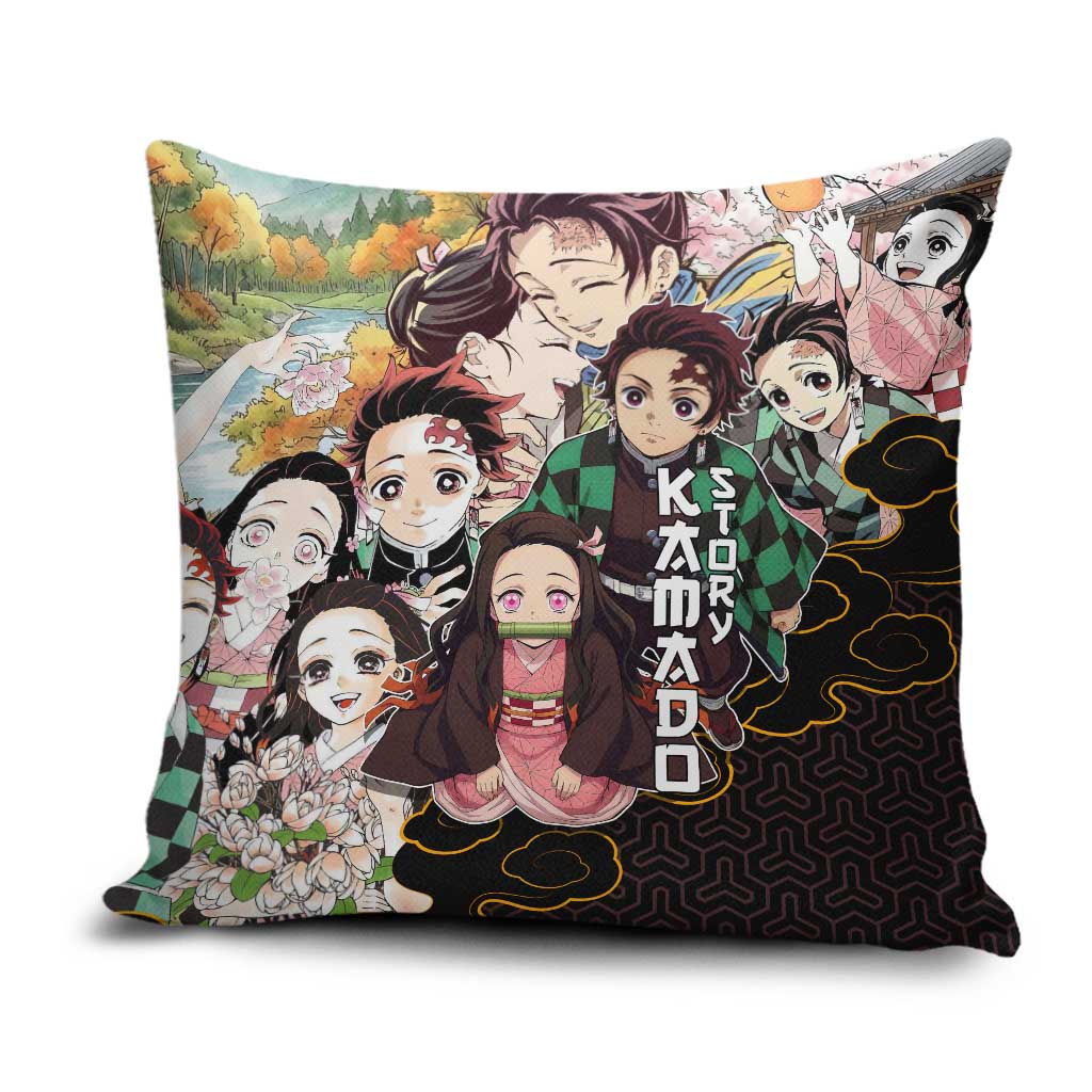 Kamado Siblings Demon Slayer Collage Design Pillow Cover with Tanjiro and Nezuko in Scenic Background - The Mazicc