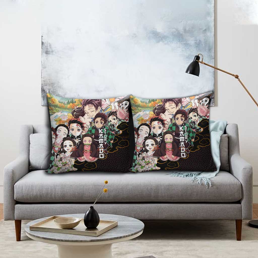 Kamado Siblings Demon Slayer Collage Design Pillow Cover with Tanjiro and Nezuko in Scenic Background - The Mazicc