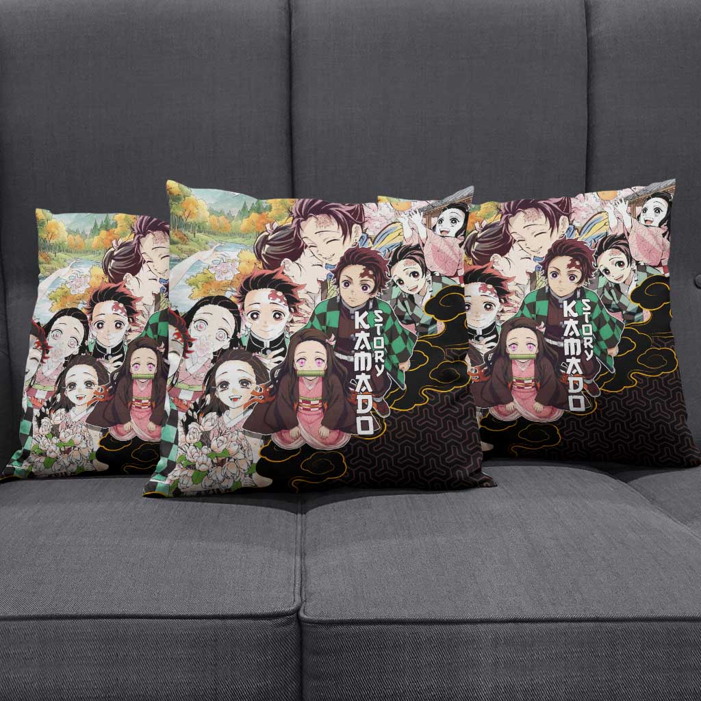 Kamado Siblings Demon Slayer Collage Design Pillow Cover with Tanjiro and Nezuko in Scenic Background - The Mazicc