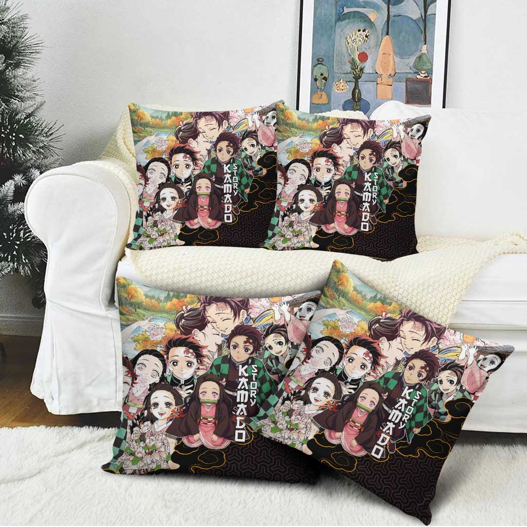 Kamado Siblings Demon Slayer Collage Design Pillow Cover with Tanjiro and Nezuko in Scenic Background - The Mazicc
