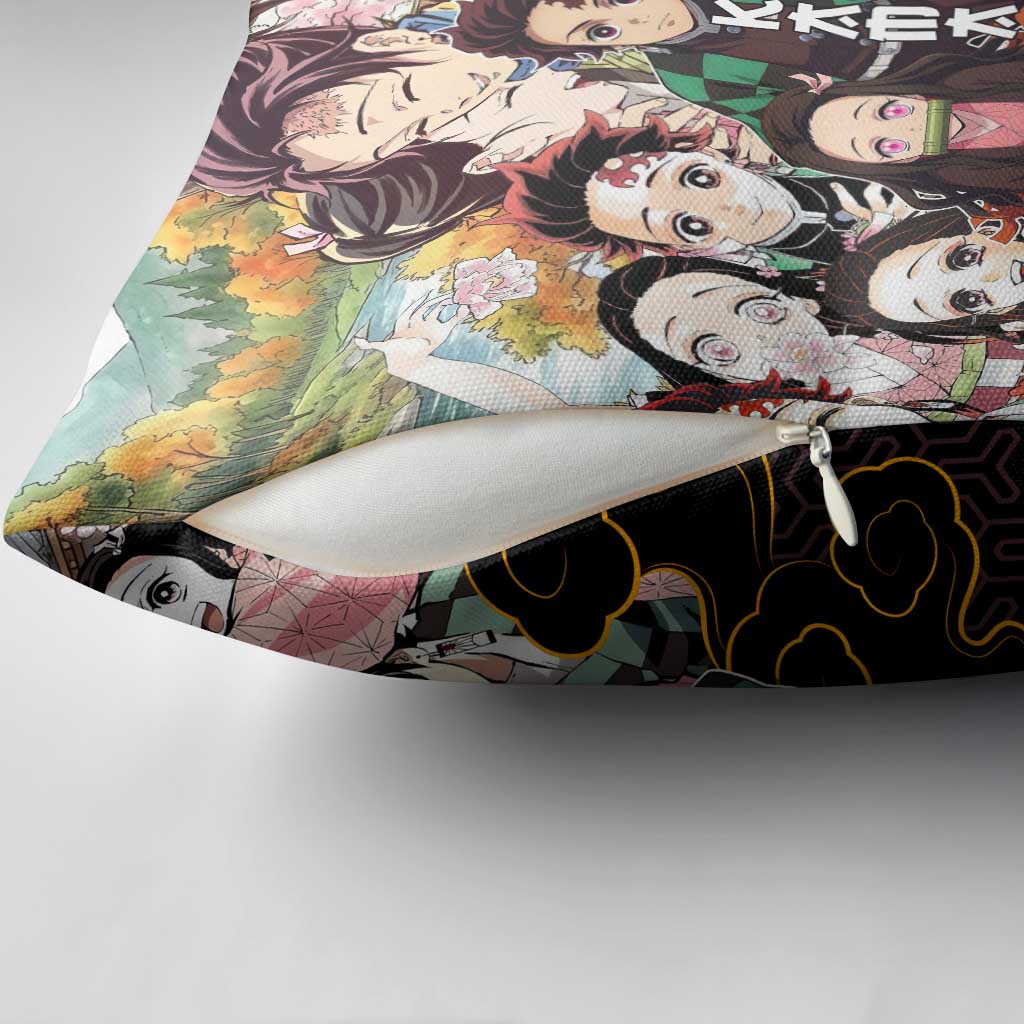 Kamado Siblings Demon Slayer Collage Design Pillow Cover with Tanjiro and Nezuko in Scenic Background - The Mazicc
