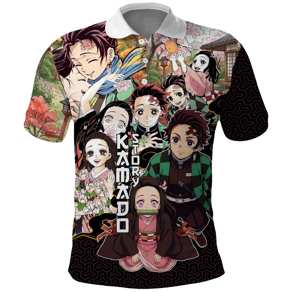 Kamado Siblings Demon Slayer Collage Design Polo Shirt with Tanjiro and Nezuko in Scenic Background - The Mazicc