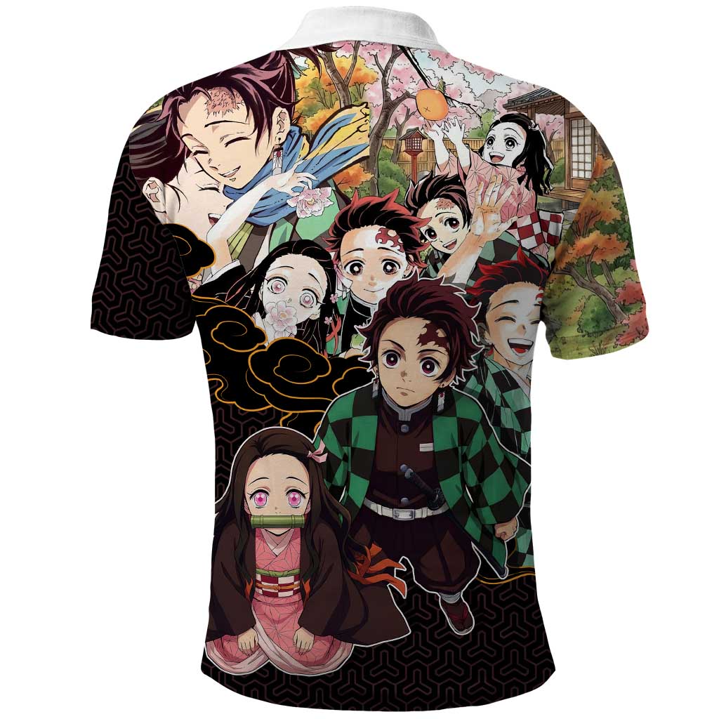Kamado Siblings Demon Slayer Collage Design Polo Shirt with Tanjiro and Nezuko in Scenic Background - The Mazicc