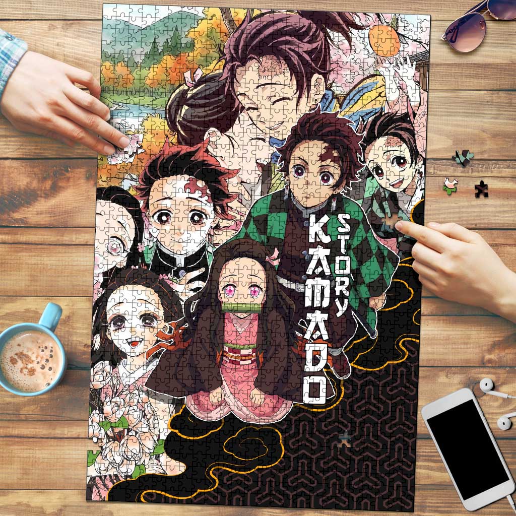 Kamado Siblings Demon Slayer Collage Design Puzzle with Tanjiro and Nezuko in Scenic Background - The Mazicc